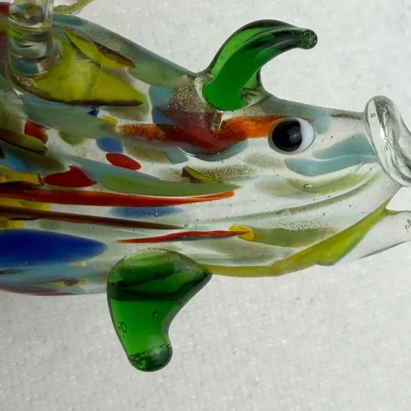 Art Glass Pig Pendant Necklace Lime Green Ribbon Cord Confetti Animal Jewelry - Picture 4 of 10